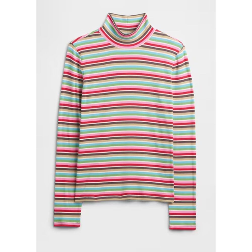Gap Women's Turtleneck Soft Knit Shirt Long Sleeve Cotton Pink Striped Top